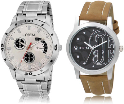 

LOREM LR14-101 Stylish Black & Silver Round Boy's Leather & Metal Bracelet Watch - For Men