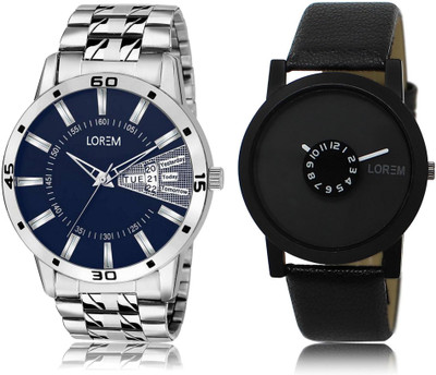 

LOREM LR25-102 Stylish Black & Blue Round Boy's Leather & Metal Bracelet Hybrid Watch - For Men