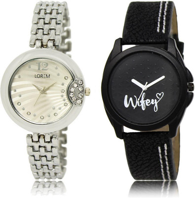 

LOREM LR227-234 Stylish Black & Silver Round Girl's Leather & Metal Bracelet Watch - For Women
