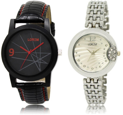 

LOREM LR8-227 Stylish Silver & Black Round Boy's & Girl's Metal Bracelet & Leather Watch - For Men & Women