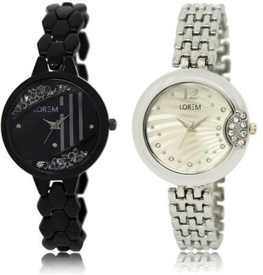 

LOREM LR221-227 Stylish Silver & Black Round Girl's Metal Bracelet Watch - For Women