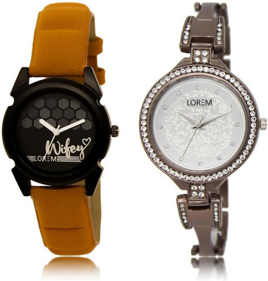 

LOREM LR235-236 Stylish Silver & Black Round Girl's Metal Bracelet & Leather Watch - For Women