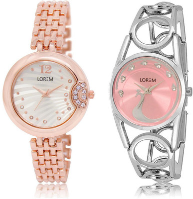 

LOREM LR228-233 Stylish Pink & Silver Round Girl's Metal Bracelet Watch - For Women