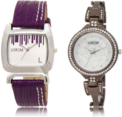 

LOREM LR207-236 Stylish Silver & White Round & Square Girl's Metal Bracelet & Leather Watch - For Women
