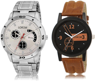 

LOREM LR1-101 Stylish Black & Silver Round Boy's Leather & Metal Bracelet Hybrid Watch - For Men