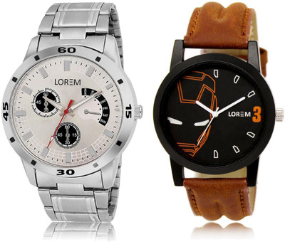LOREM LR4-101 Stylish Black & Silver Round Boy's Leather & Metal Bracelet Watch - For Men