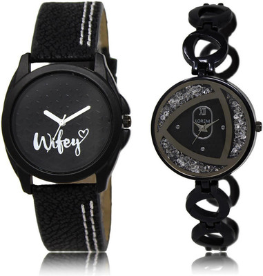 

LOREM LR234-237 Stylish Silver & Black Round Girl's Metal Bracelet & Leather Watch - For Women