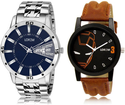 

LOREM LR4-102 Stylish Black & Blue Round Boy's Leather & Metal Bracelet Watch - For Men
