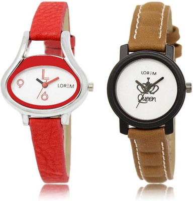

LOREM LR206-209 Stylish White Round & Oval Girl's Leather Watch - For Women