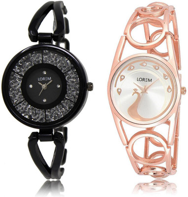 

LOREM LR211-232 Stylish Silver & Black Round Girl's Metal Bracelet Watch - For Women