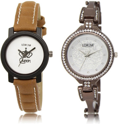 LOREM LR209-236 Stylish Silver & White Round Girl's Metal Bracelet & Leather Watch - For Women