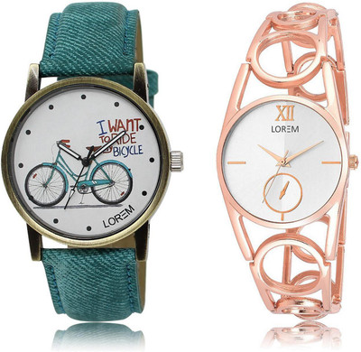 

LOREM LR213-229 Stylish Silver & White Round Girl's Metal Bracelet & Leather Watch - For Men & Women