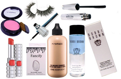 

Fancify Silicon puff & mac face and body foundation, pink shade blusher, brooke candy eyeliner and mascara, Bobbi Brown instant long wear makeup remover , L'Oreal lipstick, Eyelashes(Set of 8)