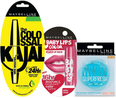 

Maybelline The Colossal Kajal, Baby Lips - Berry Crush and White Super Fresh(Set of 3)