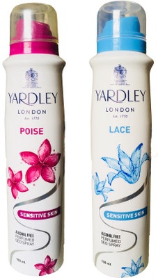 

Yardley London Poise and Lace Sensitive Skin Alcohole Free Perfumed Deo Spray 150ML Each (Pack of 2) Deodorant Spray - For Women(300 ml, Pack of 2)