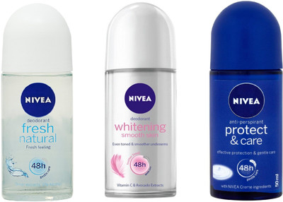 

Nivea Women Fresh Natural, Whitening Smooth Skin and Protect & Care Deodorant Roll-On 50ML Each (Pack of 3) Deodorant Roll-on - For Women(150 ml, Pack of 3)
