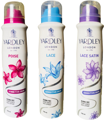 

Yardley London Poise, Lace and Lace Satin Sensitive Skin Alcohole Free Perfumed Deo Spray 150ML Each (Pack of 3) Deodorant Spray - For Women(450 ml, Pack of 3)