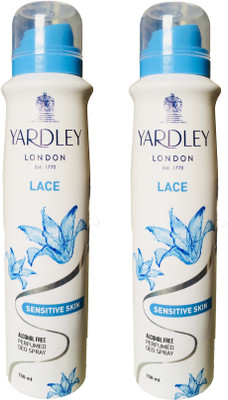 

Yardley London Lace Sensitive Skin Alcohole Free Perfumed Deo Spray 150ML Each (Pack of 2) Deodorant Spray - For Women(300 ml, Pack of 2)