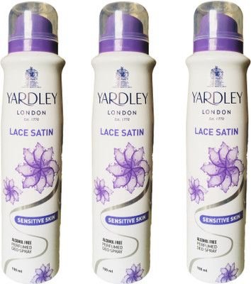 

Yardley London Lace Satin Sensitive Skin Alcohole Free Perfumed Deo Spray 150ML Each (Pack of 3) Deodorant Spray - For Women(450 ml, Pack of 3)