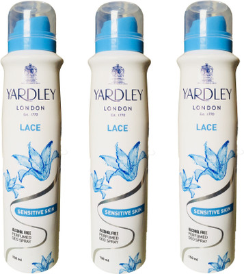 

Yardley London Lace Sensitive Skin Alcohole Free Perfumed Deo Spray 150ML Each (Pack of 3) Deodorant Spray - For Women(450 ml, Pack of 3)