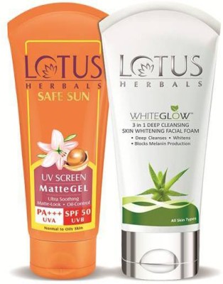 LOTUS HERBALS Safe Sun UV Screen MatteGel - SPF 50 PA+++ (100 g) And White Glow 3 in 1 Deep Cleansing Skin Whitening Facial Foam  (100 g Face Wash(200 g)