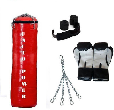 

FACTO POWER 1.5 Feet Long, SRF - HEAVY Material, RED Color, Unfilled with Hanging Chain with 9 Feet Long Black Color Hand Wraps Pair & Boxing Gloves Pair Boxing Kit