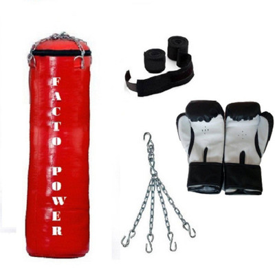 

FACTO POWER 3.0 Feet Long, SRF - HEAVY Material, RED Color, Unfilled with Hanging Chain with 9 Feet Long Black Color Hand Wraps Pair & Boxing Gloves Pair Boxing Kit