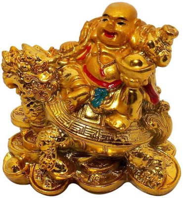 SS GALLERY LAUGHING BUDDHA SITTING ON DRAGON TORTOISE Decorative Showpiece  -  8 cm(Polyresin, Gold)