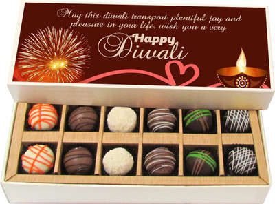 

Chocholik Diwali Gifts -May This Diwali Transport Plentiful Joy And Pleasure - Dark, Milk, White Chocolate Truffles - 12pc Truffles(180 g)