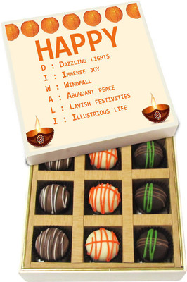 

Chocholik Diwali Gifts -D : Dazzling Lights, I : Immense Joy, W : Windfall - Dark, Milk, White Chocolate Truffles - 9pc Truffles(135 g)