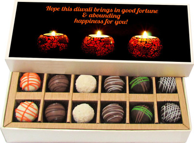 

Chocholik Diwali Gifts -Hope This Diwali Brings In Good Fortune & Abounding - Dark, Milk, White Chocolate Truffles - 12pc Truffles(180 g)