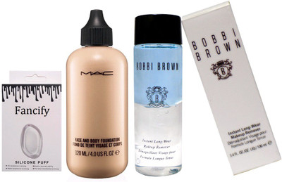 

Fancify Silicon puff & Mac face and body foundation with Bobbi Brown instant long wear makeup remover(Set of 3)