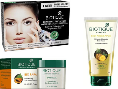 

BIOTIQUE BIO Bio Diamond Facial Kit, Bio Papaya Revitalizing Tan Removal Scrub, Bio Pineapple Oil Control Foaming Face wash(Set of 3)