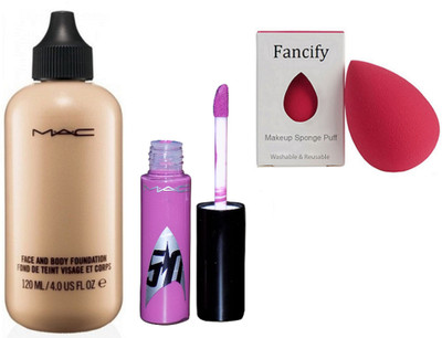 

Fancify Sponge Puff, Mac Face and Body Foundation with Star Trek Light Pink Lip Gloss(Set of 3)
