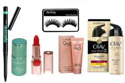 

Styling Eyelashes With 9to5 Weightless Mousse Foundation & Matte finish long lasting lipstick & mirror nail polish & Eyeconic kajal Witht olay Anti-ageing Cream(Set of 6)