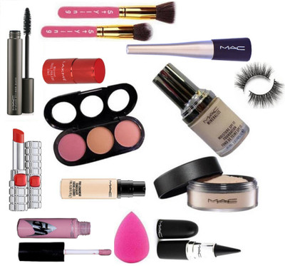 

Styling Makeup Brush With Mac Liquid Eyeliner &mascara And 3 shades Blusher & Pro long wear Concealer,Star lip Gloss & Mineraliz foundation,Face Loose powder & Stick kajal,Eyelashes &Sponge Puff &Matte Finish Lipstick Mirror & Nail polish(Set of 14)