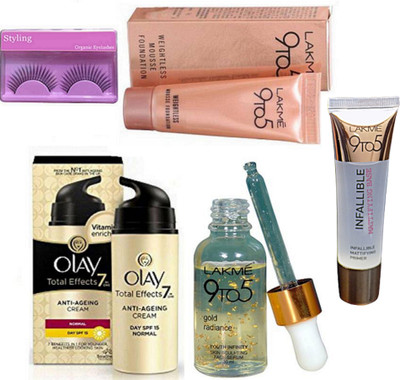 

Styling Eyelashes With olay Total Effect 7inone Anti-Ageing Cream & 9to5 Gold Rediance Face Serum With infallible primer & weithless mousse foundation(Set of 5)