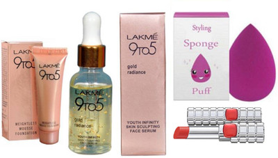

Styling Sponge Puff With 9to5 Weightless Mousse Foundation & loreal Matte finish long lasting lipstick & Gold Rediance Face Serum(Set of 5)
