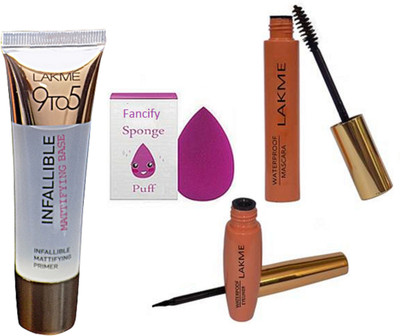 

Fancify Sponge Puff, Lakme 9to5 Infallible Mattifying Base Primer,Black Eyeliner and Mascara(Set of 4)
