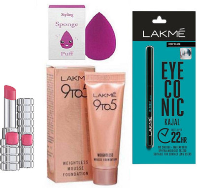 

Styling Sponge Puff With Lakme Eyeconic Kajal With mousse Foundation & loreal matte finish lipstick(Set of 4)