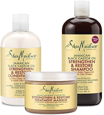 

Shea Moisture Jamaican Black Castor Oil Hair Care Trio - Strengthen & Restore - Shampoo 16.3 Oz Conditioner 13 Oz & Treatment Masque 12 Oz.(8.87 ml)