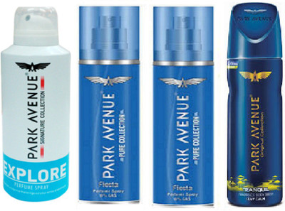 

Park Avenue explore , 2 fiesta & tranquil (pcs 3_) Deodorant Spray - For Men(500 ml, Pack of 4)