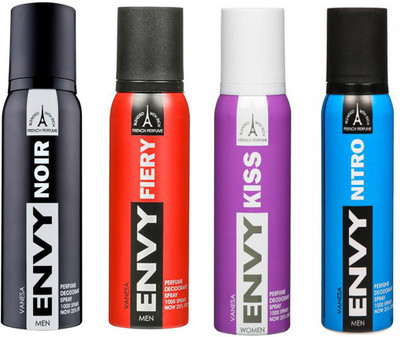 

ENVY NITRO DEODORANT 120 ML+FIERY DEODORANT 120 ML+NOIR DEODORANT 120 ML+KISS DEODORANT 120 ML Deodorant Spray - For Men & Women(120 ml, Pack of 4)