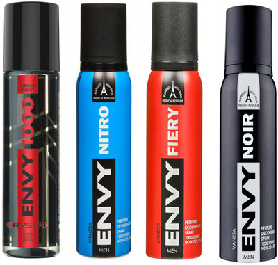 

ENVY 1000 CRYSTAL DEODORANT 120 ML+NOIR DEODORANT 120 ML+NITRO DEODORANT 120 ML+FIERY DEODORANT 120 ML Deodorant Spray - For Men & Women(120 ml, Pack of 4)