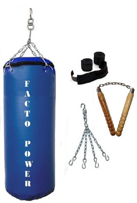 

FACTO POWER 1.5 Feet Long, SRF - HEAVY Material, Blue Color, Unfilled with Hanging Chain with 9 Feet Long Black Color Hand Wraps Pair & Wooden Handle Non Chaku Boxing Kit