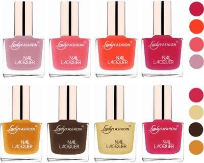 

Lady Fashion Ultra HI-Shine Quick Dry Nail Polish Combo Silky Purple,SilkyPink,Orange Silk,Abricoat Rose,Golden,Mettalic Brown,Mettalic Gold,Mettalic Pink(Pack of 8)