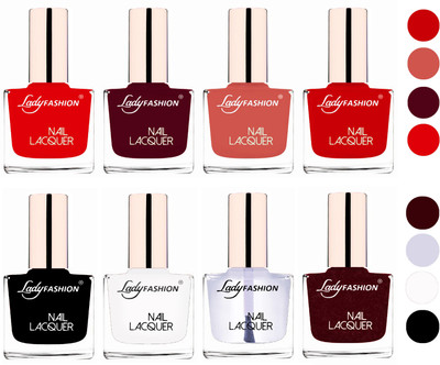 

Lady Fashion Ultra HI-Shine Quick Dry Nail Polish Combo Bright Red,Maroon,Nude,Juicy Red,Black,White,Top Coat,Maroon(Pack of 8)