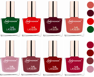 

Lady Fashion Ultra HI-Shine Quick Dry Nail Polish Combo Dark Green,Bright Red,Maroon,Nude,Mauve,Red,Bright Pink,Silky Purple(Pack of 8)