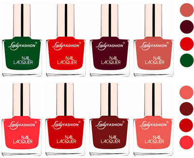 

Lady Fashion Ultra HI-Shine Quick Dry Nail Polish Combo Dark Green,Bright Red,Maroon,Nude,Juicy Red,Coffee,Light Orange,Baby Pink(Pack of 8)