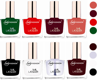 

Lady Fashion Ultra HI-Shine Quick Dry Nail Polish Combo Dark Green,Bright Red,Maroon,Nude,Black,White,Top Coat,Maroon(Pack of 8)